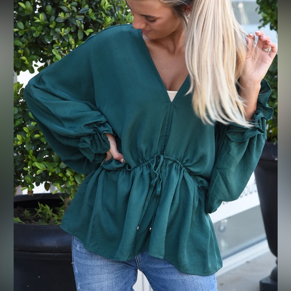 Green V-Neck Bishop Sleeve Tie Front Blouse
